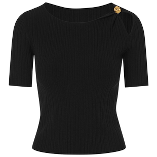 LANCY/朗姿2024夏季新款黑色短袖设计感针织上衣抽条修身套头衫女