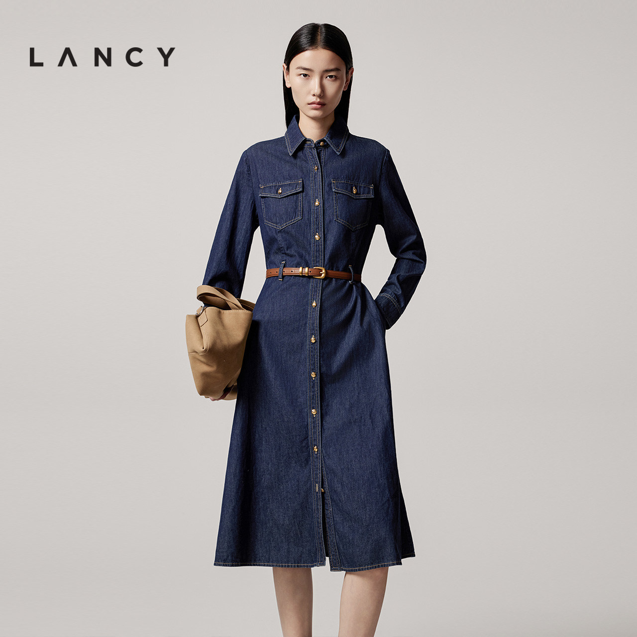 LANCY/朗姿2026秋季新款优雅牛仔连衣裙收腰A字中长款气质裙子女图片