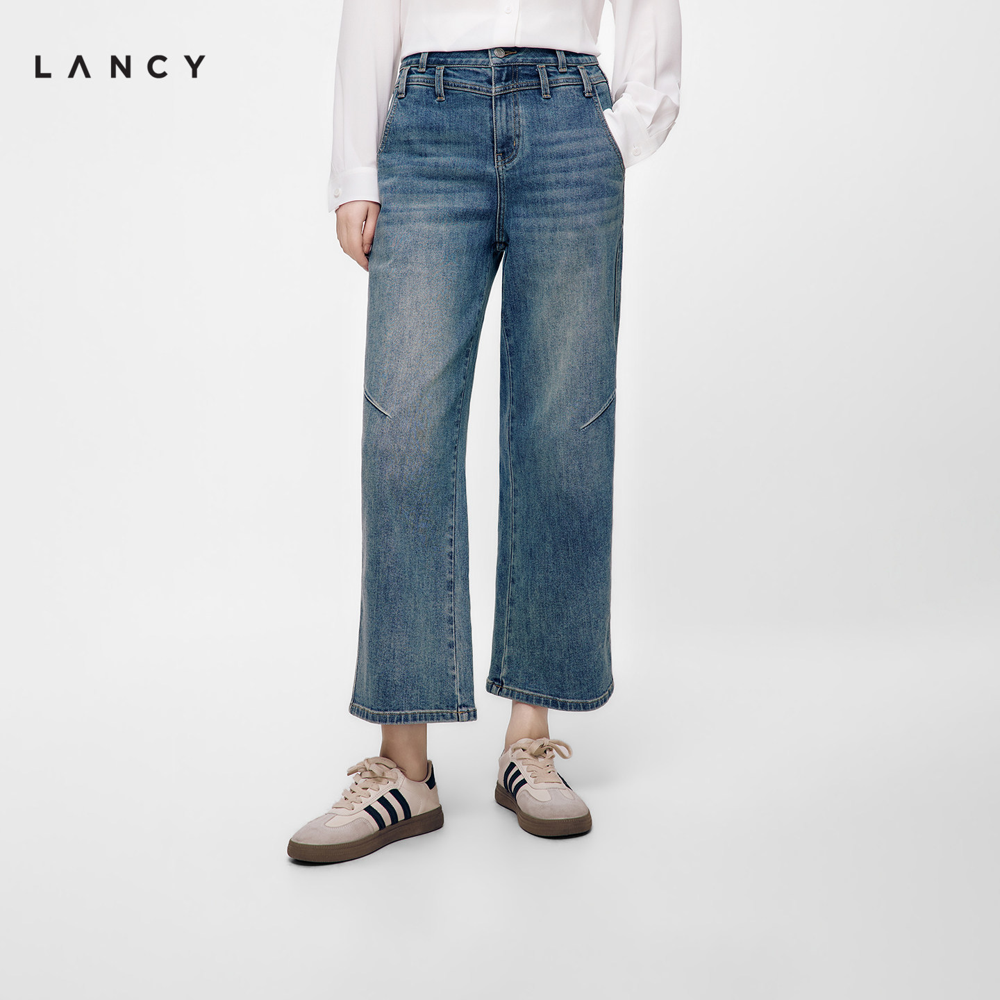 LANCY/朗姿2026秋季新款时尚百搭高腰直筒裤设计感九分牛仔裤子女