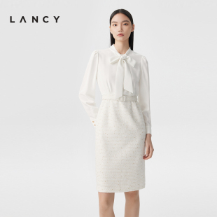 真丝 朗姿2023春季 LANCY 新款 高级感连衣裙子女小香风收腰裙子