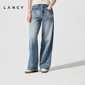马踏春风 LANCY 朗姿2026春新款 时尚 重工烫钻仿珍珠弯刀牛仔裤