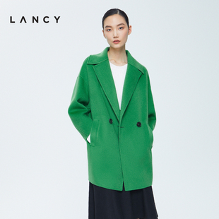 LANCY 女士宽松显瘦双排扣双面呢外套 新款 朗姿羊毛大衣女2022冬季