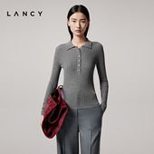 100%羊毛 polo领针织衫 LANCY 朗姿2025秋新款 修身 内搭打底衫 女