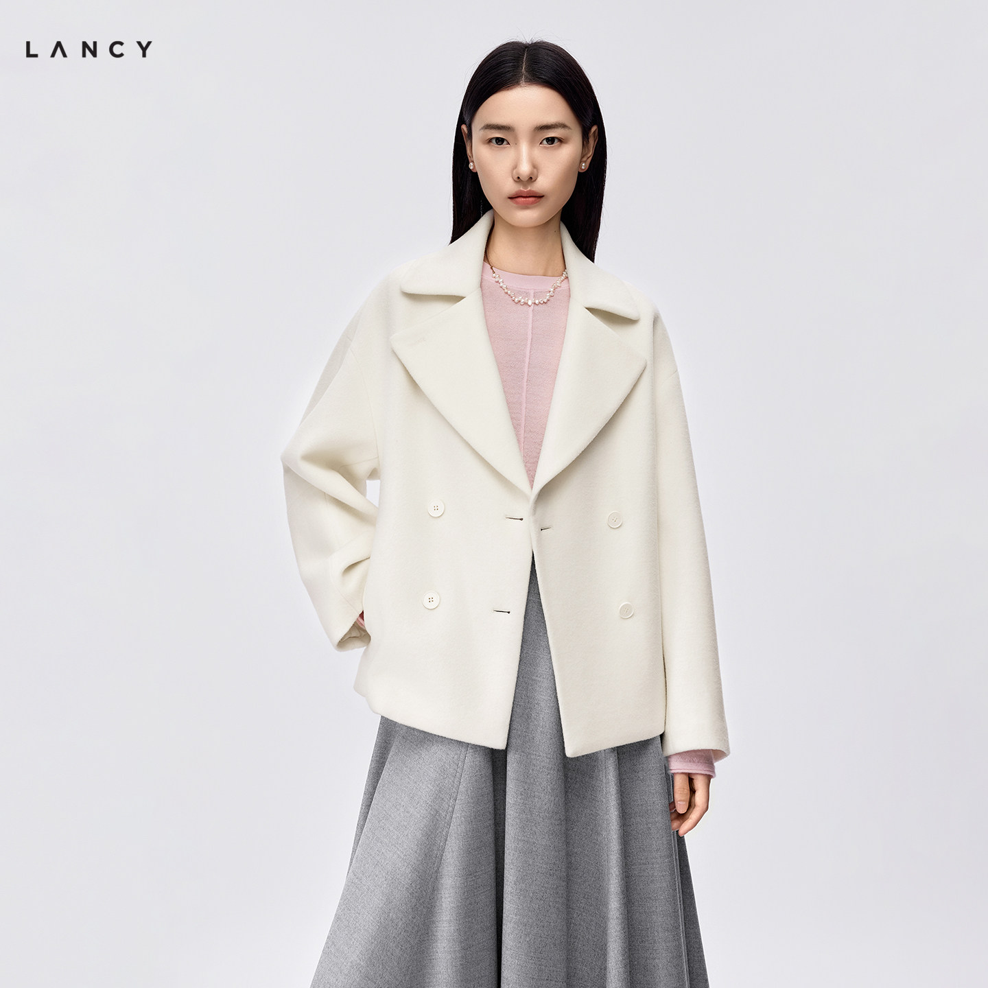 【纯羊毛】LANCY/朗姿2026冬季新款大翻领双排扣系带短毛呢大衣女