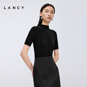 朗姿2026春季 内搭打底坑条针织衫 新款 短袖 女 百搭半高领修身 LANCY