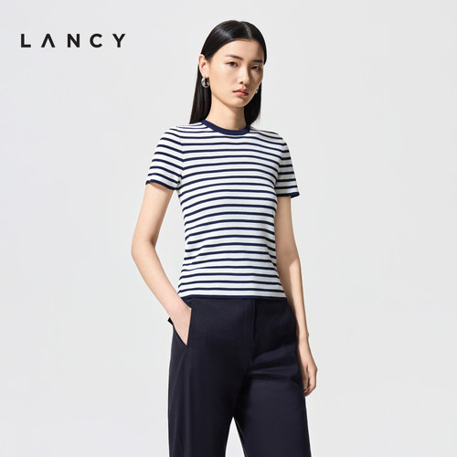 LANCY/朗姿2026夏季新款桑蚕丝棉复古圆领水手风细条纹短袖针织衫