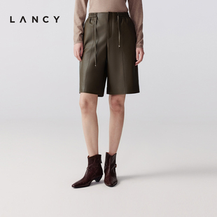 秀场同款 抽绳短裤 LANCY 羊皮革真皮直筒休闲裤 女 朗姿25冬新款