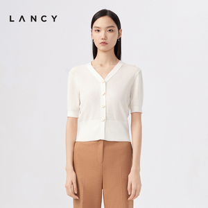 LANCY/朗姿女装2023夏季新款白色针织开衫女短袖修身气质V领开衫