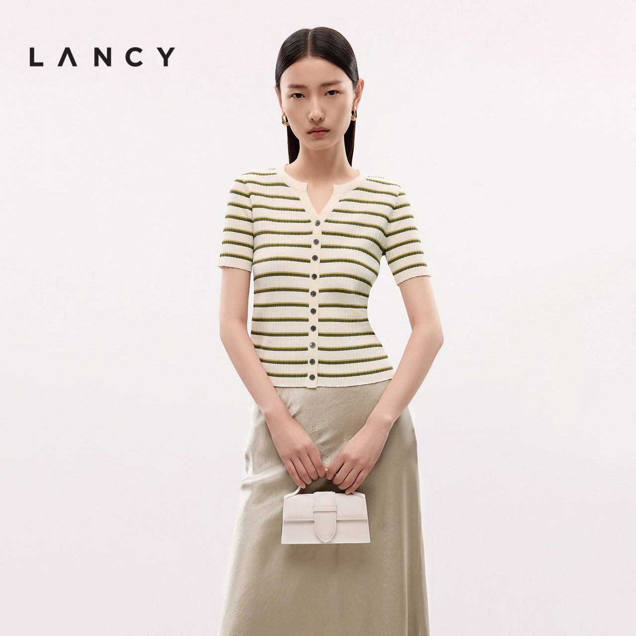 LANCY/朗姿2025年夏新款法式撞色条纹收腰短袖针织衫女高级感开衫图片