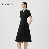 朗姿2024夏季 新款 醋酸西装 LANCY 连衣裙女黑色修身 设计感职业裙子