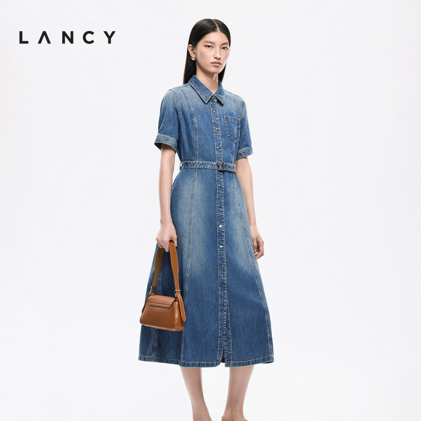【纯棉】LANCY/朗姿2026年夏季新款时尚收腰衬衫领短袖牛仔连衣裙
