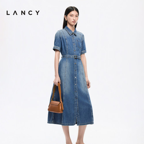 【纯棉】LANCY/朗姿2026年夏季新款时尚收腰衬衫领短袖牛仔连衣裙