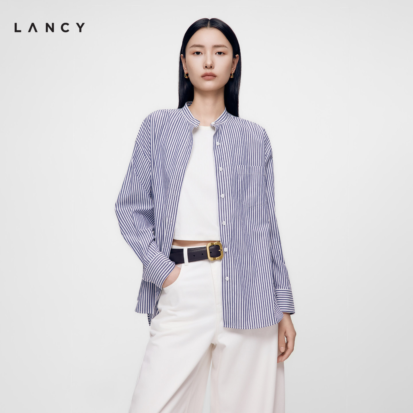【纯棉】LANCY/朗姿2026秋季新款通勤立领条纹衬衫职场长袖上衣女