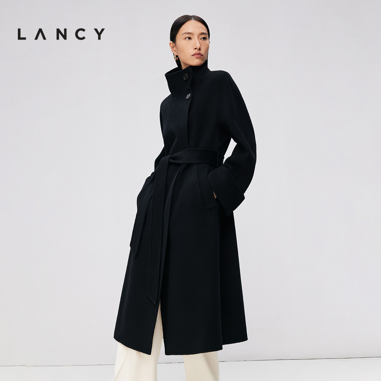 LANCY/朗姿2025年冬新款黑色经典双面呢羊毛大衣女士气质毛呢外套