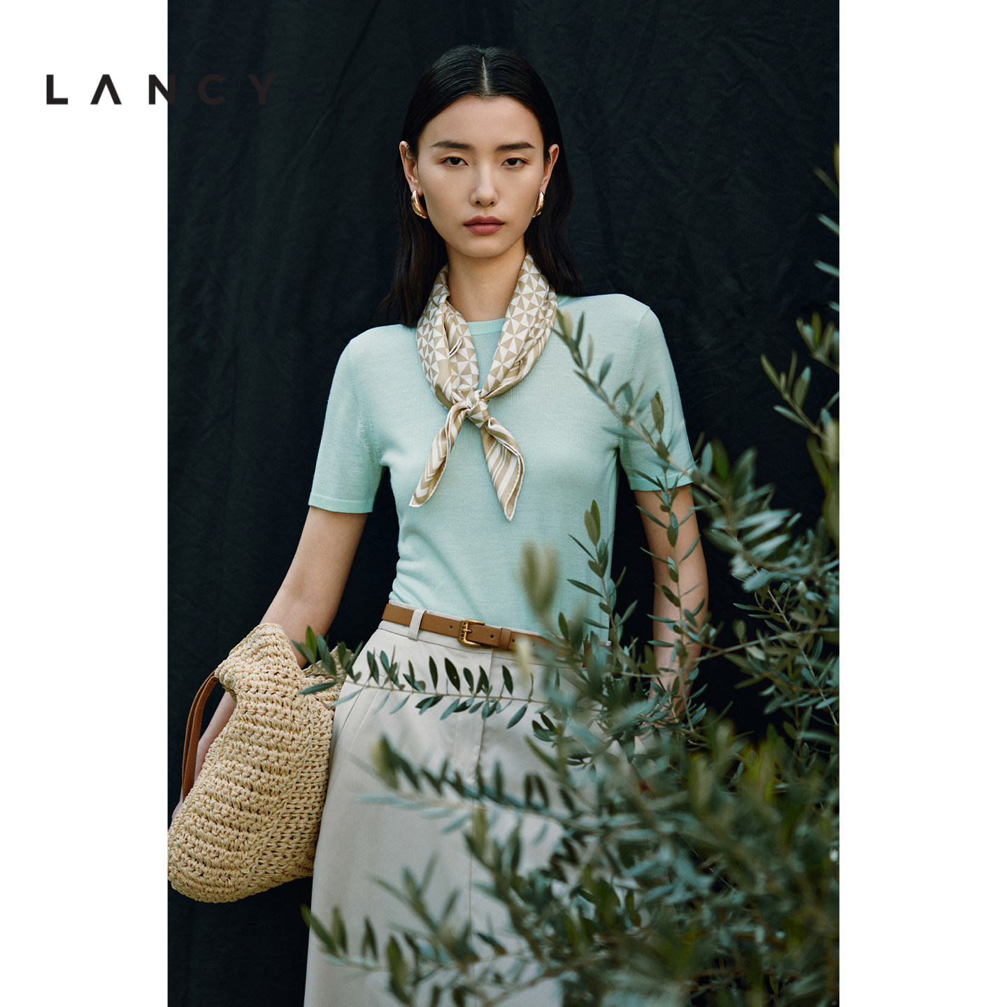 【纯羊毛】LANCY/朗姿2026夏新款简约百搭圆领修身多色短袖针织衫