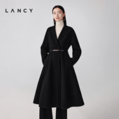 双面呢V领长大衣气质黑外套女 朗姿2025冬新款 羊毛羊绒 LANCY