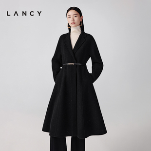 【羊毛羊绒】LANCY/朗姿2025冬新款双面呢V领长大衣气质黑外套女
