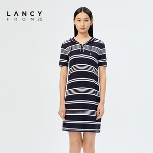 LANCY/悦朗姿女装2023夏季新款撞色条纹连帽连衣裙子女休闲套头裙