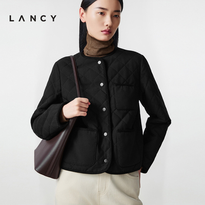LANCY/朗姿2025年冬新款气质高端圆领短款菱格夹克棉服厚外套女