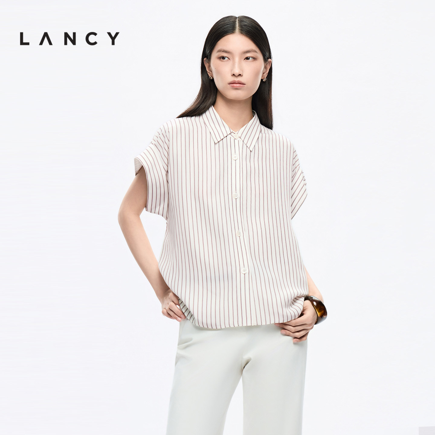 【真丝】LANCY/朗姿2026夏季新款高级感通勤翻领条纹衬衫短袖上衣