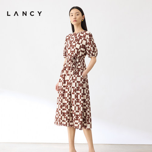 朗姿法式LANCY几何印花裙子夏季