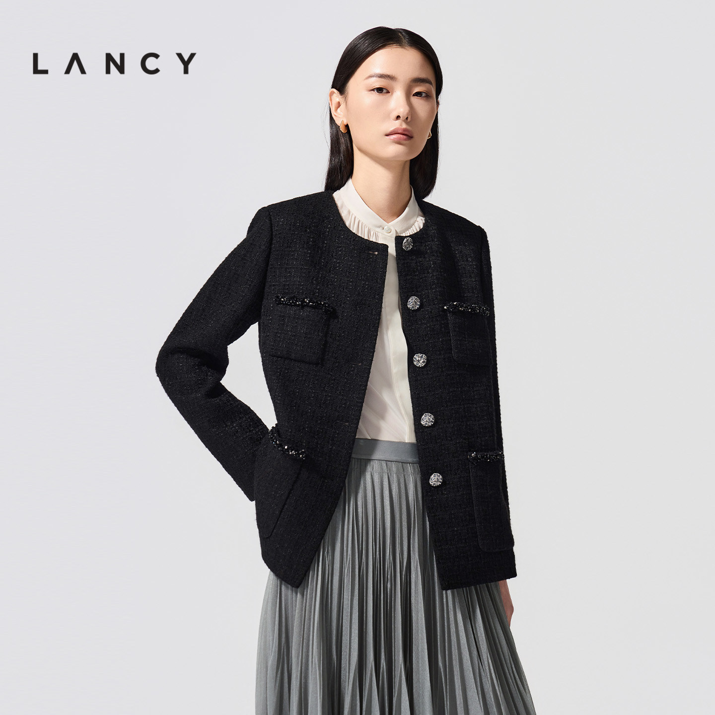 LANCY/朗姿2026春新款法式小香风粗花呢短外套女圆领钉珠黑色上衣,女装/女士精品,短外套,淘宝优惠券,粉丝福利购,淘宝优惠卷
