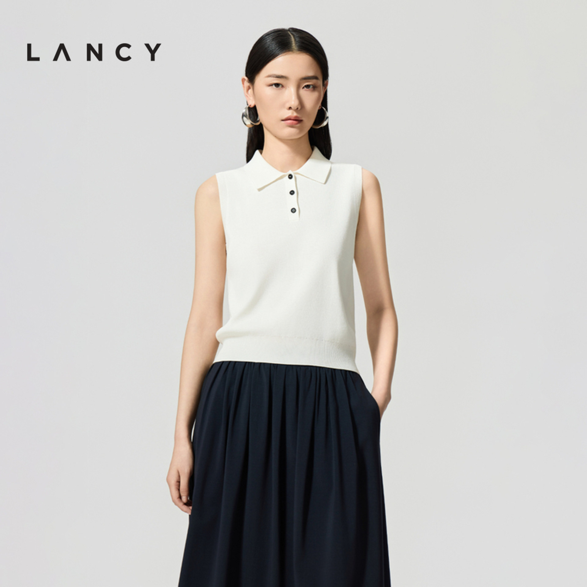 LANCY/朗姿2026夏季新款醋酸棉气质高级感POLO领无袖针织背心