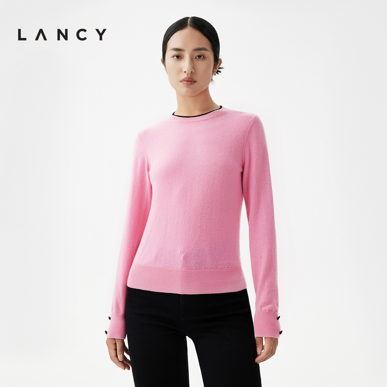 LANCY/朗姿2023秋冬季新款高端套头衫撞色显瘦高端长袖女山羊绒衫 女装/女士精品 羊绒衫 原图主图