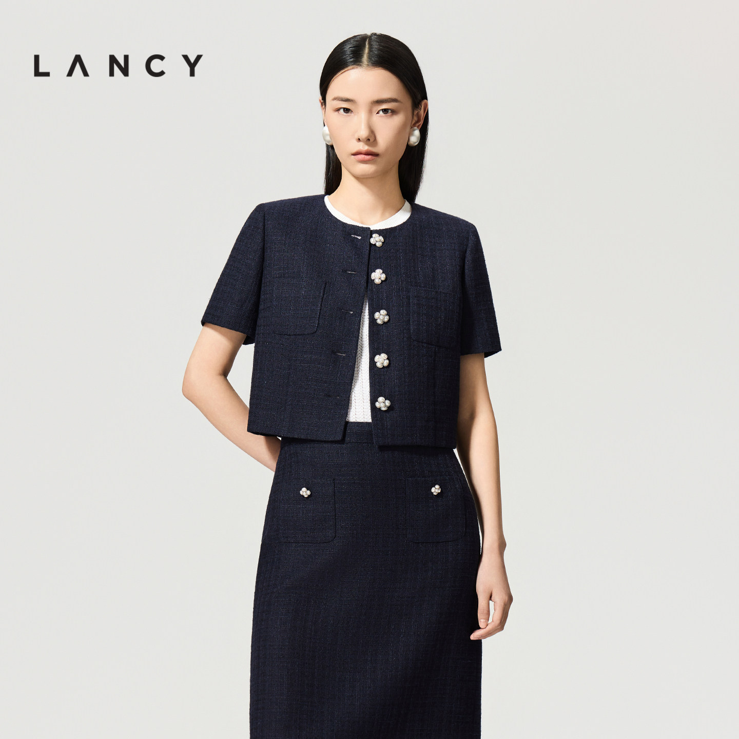 LANCY/朗姿2026夏季新款法式小香风圆领短袖短外套直筒半身裙套装