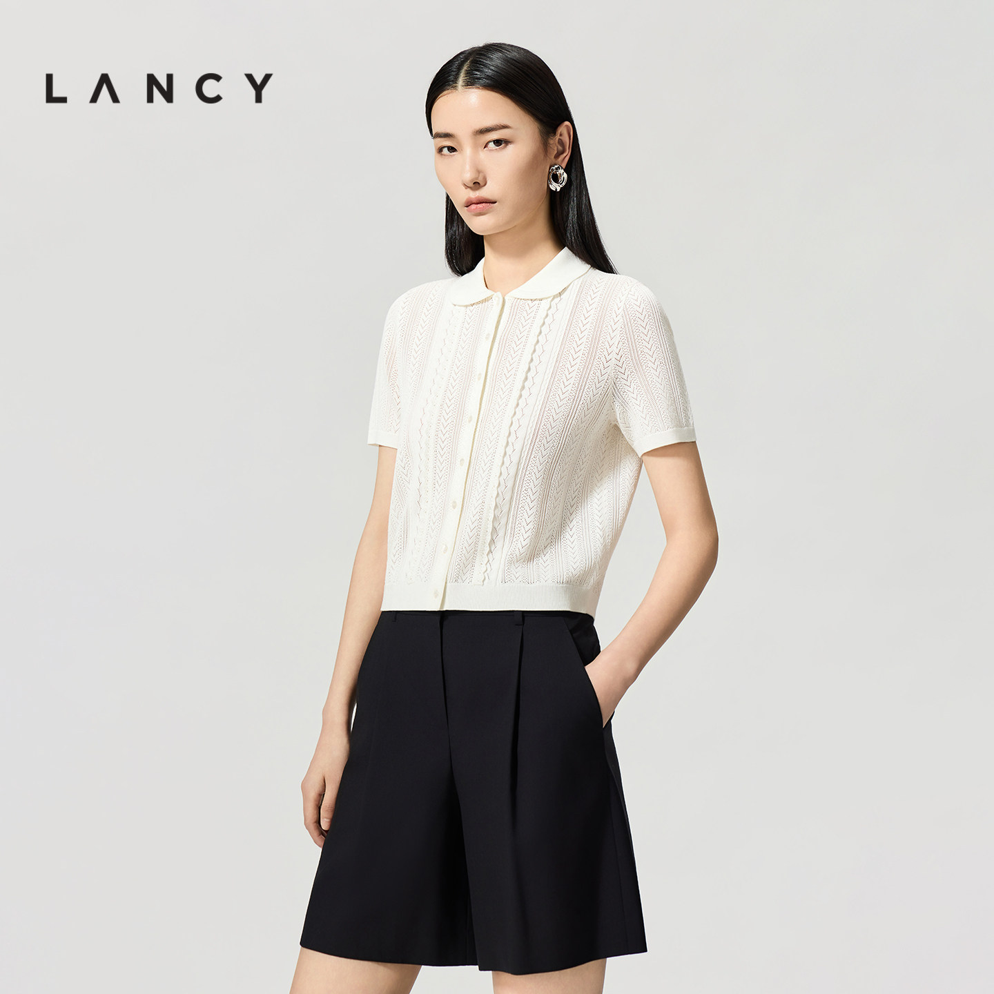 LANCY/朗姿2026夏季新款法式田园镂空POLO领短款针织开衫短袖上衣