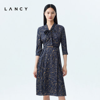 【真丝】LANCY/朗姿2023秋季新款收腰显瘦印花飘带长连衣裙子女