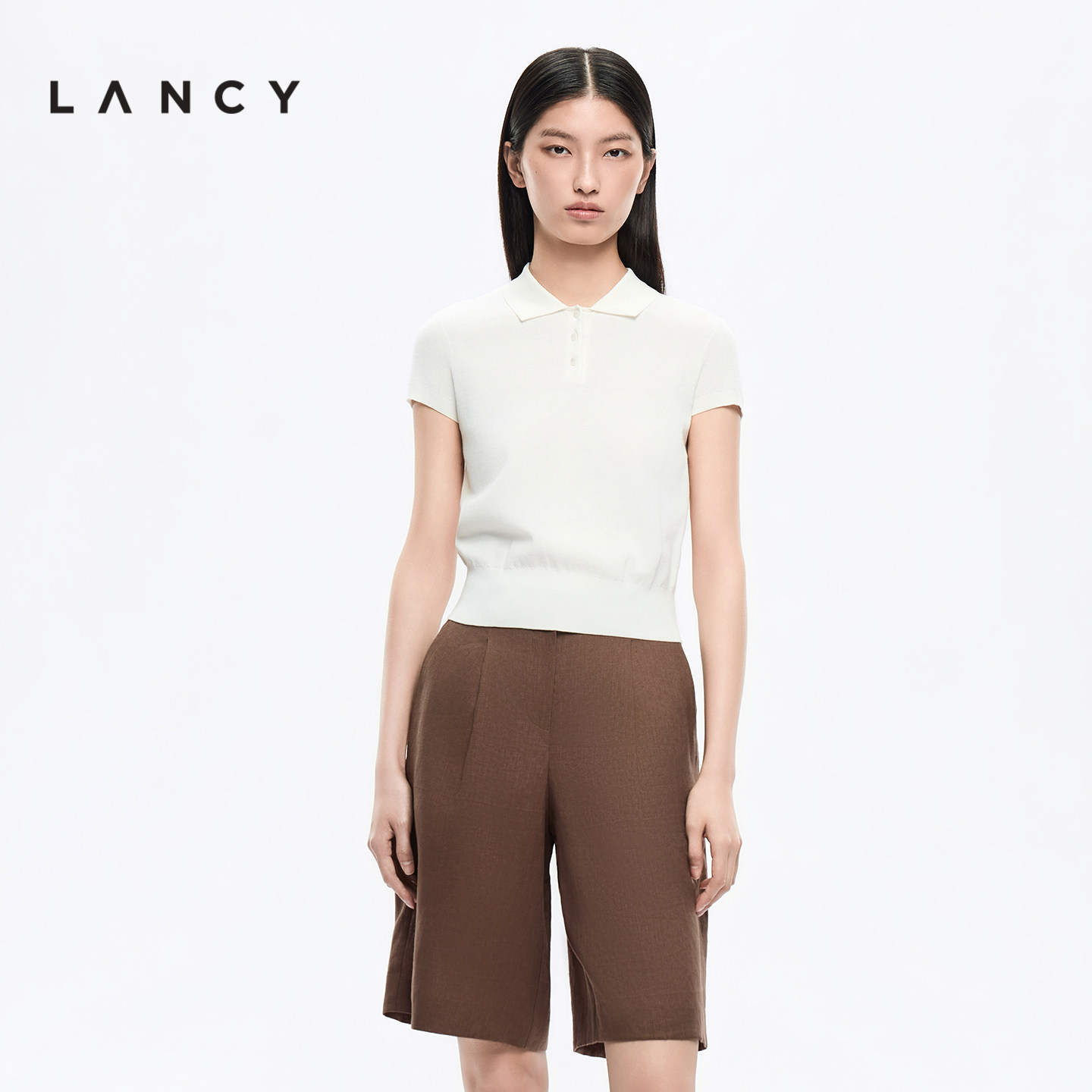 LANCY/朗姿2026夏季新款时尚POLO领修身短款针织衫短袖上衣T恤女