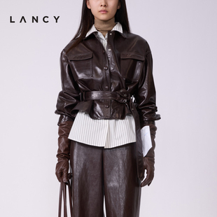 羊皮革 时尚 LANCY 新款 设计感廓形收腰皮衣短外套 朗姿2026春季