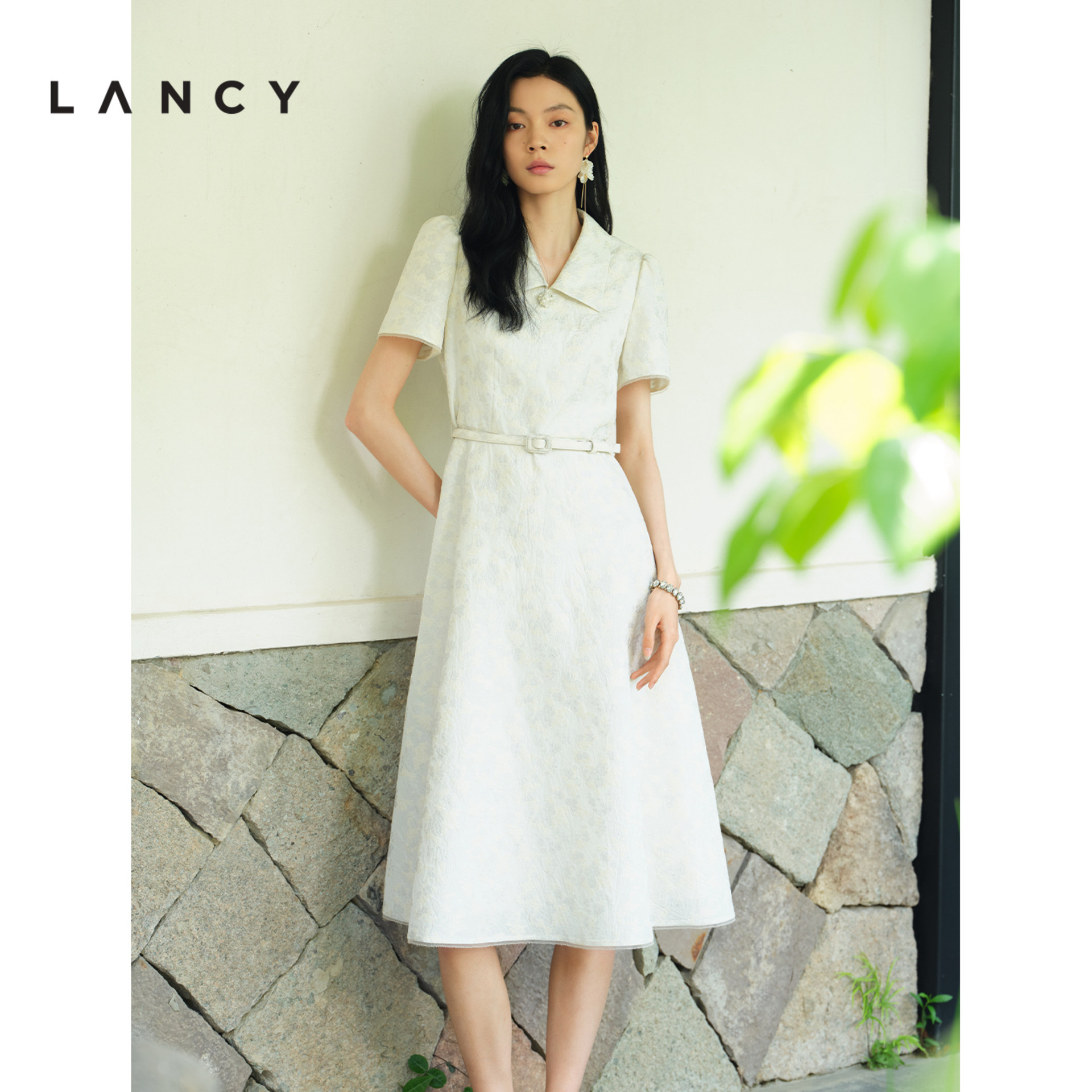 【秀场同款丨国风提花】LANCY/朗姿26夏新款刺绣收腰A字连衣裙