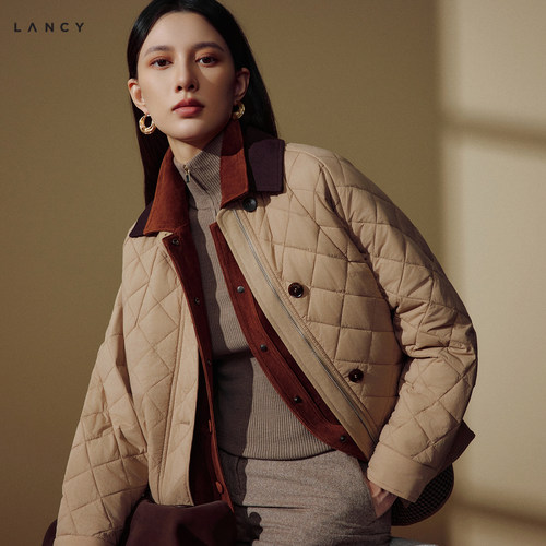 LANCY/朗姿2026年冬季新款气质简约菱格撞色翻领棉服短外套女通勤