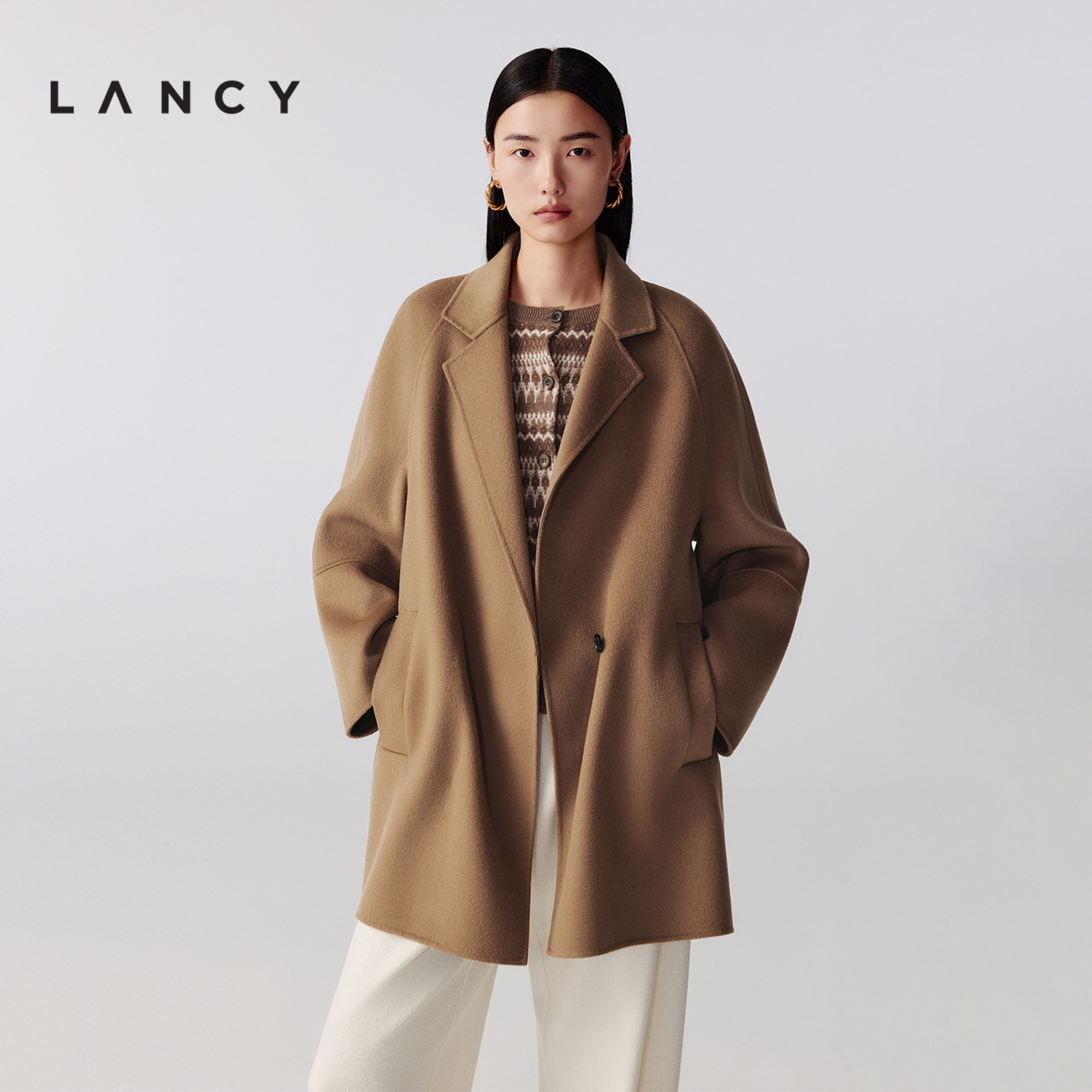 LANCY/朗姿2025年秋新款气质羊毛羊绒双面呢中长款大衣毛呢外套女
