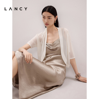 LANCY/朗姿2025夏季新款白色短袖镂空短款外搭女搭裙子针织开衫
