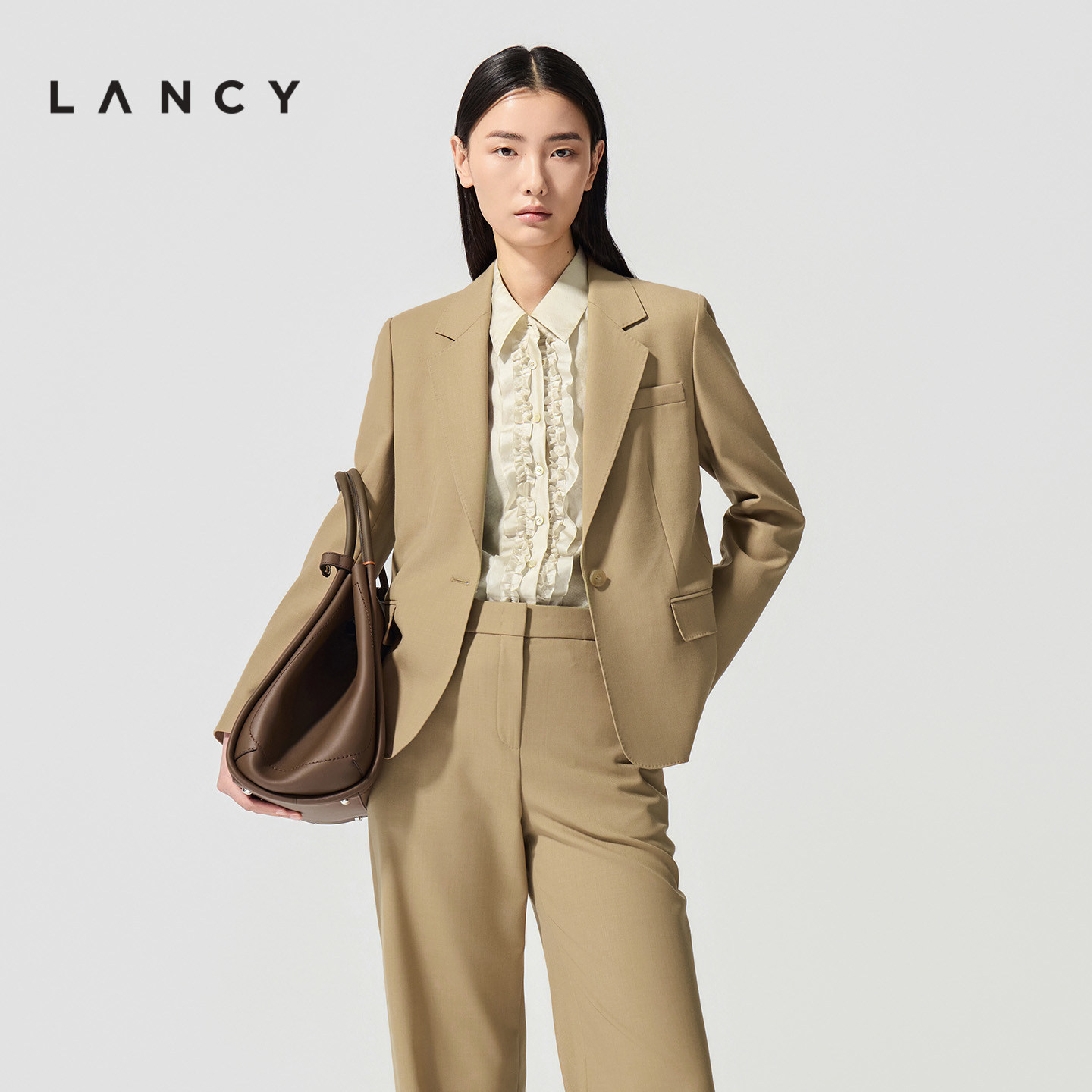 LANCY/朗姿2026春新款羊毛复古简约平驳领西装外套直筒西裤套装女,女装/女士精品,时尚套装,淘宝优惠券,粉丝福利购,淘宝优惠卷