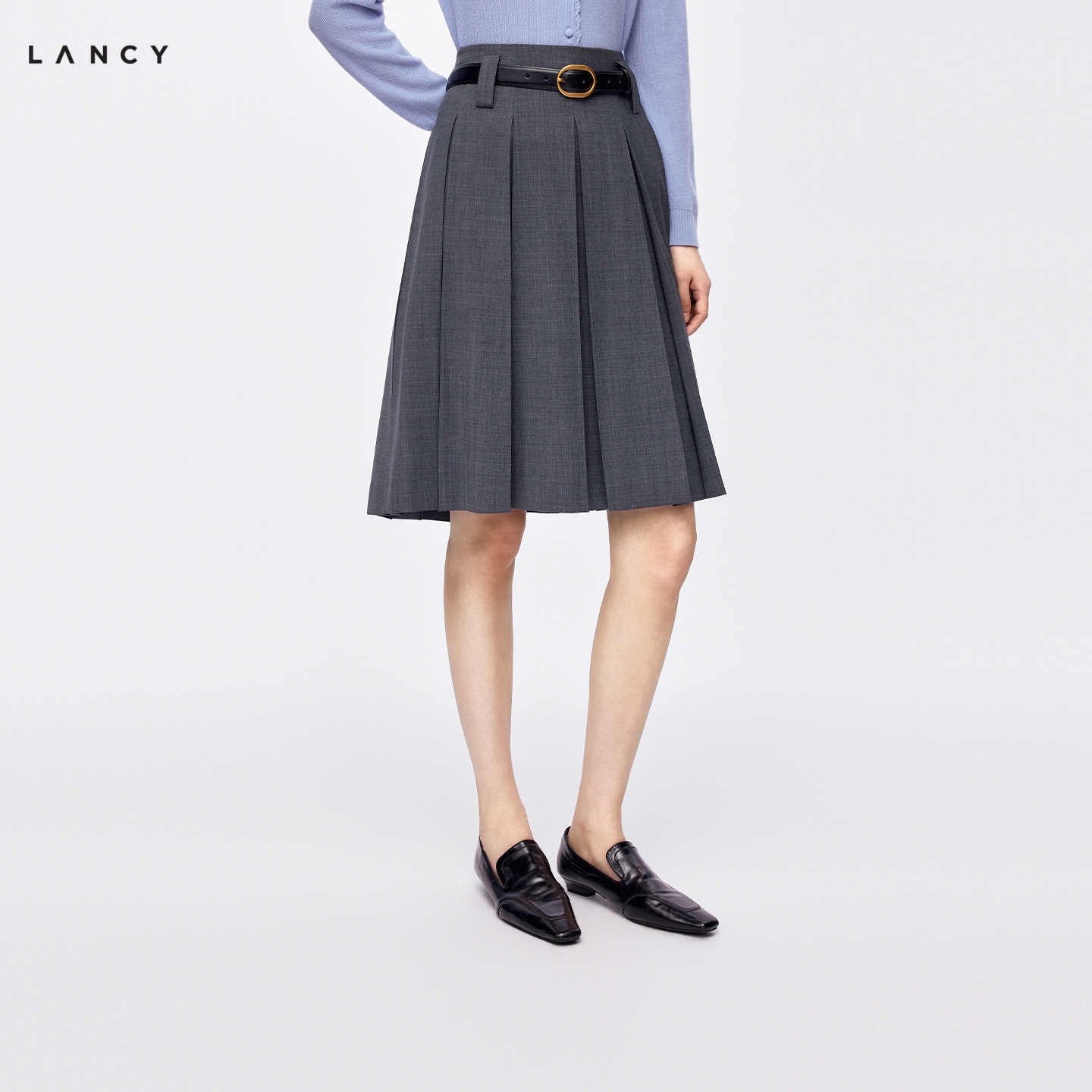LANCY/朗姿2026年冬季新款灰色气质高腰百褶羊毛短裙西装半身裙女图片
