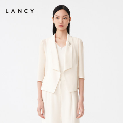 LANCY/朗姿夏季三醋酸七分袖西装外套女白色休闲设计感气质西服