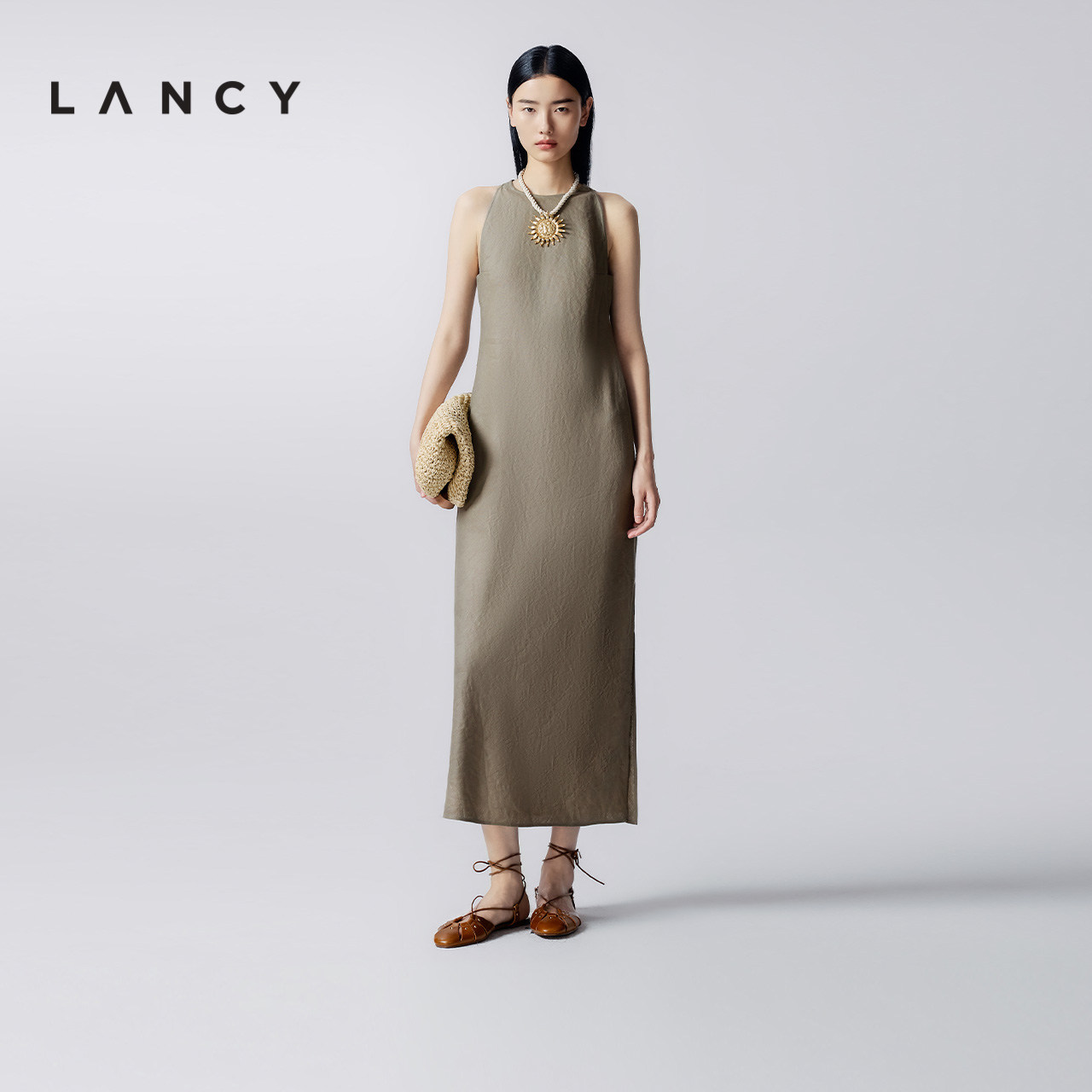 【亚麻】LANCY/朗姿夏季新款高级感挂脖无袖气质斜肩长款连衣裙图片