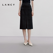 LANCY 朗姿2024秋新款 黑色花呢小香风中长半身裙前开叉直筒半裙女