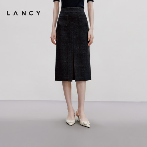 LANCY/朗姿2024秋新款黑色花呢小香风中长半身裙前开叉直筒半裙女