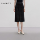 LANCY 朗姿2024秋新款 黑色花呢小香风中长半身裙前开叉直筒半裙女