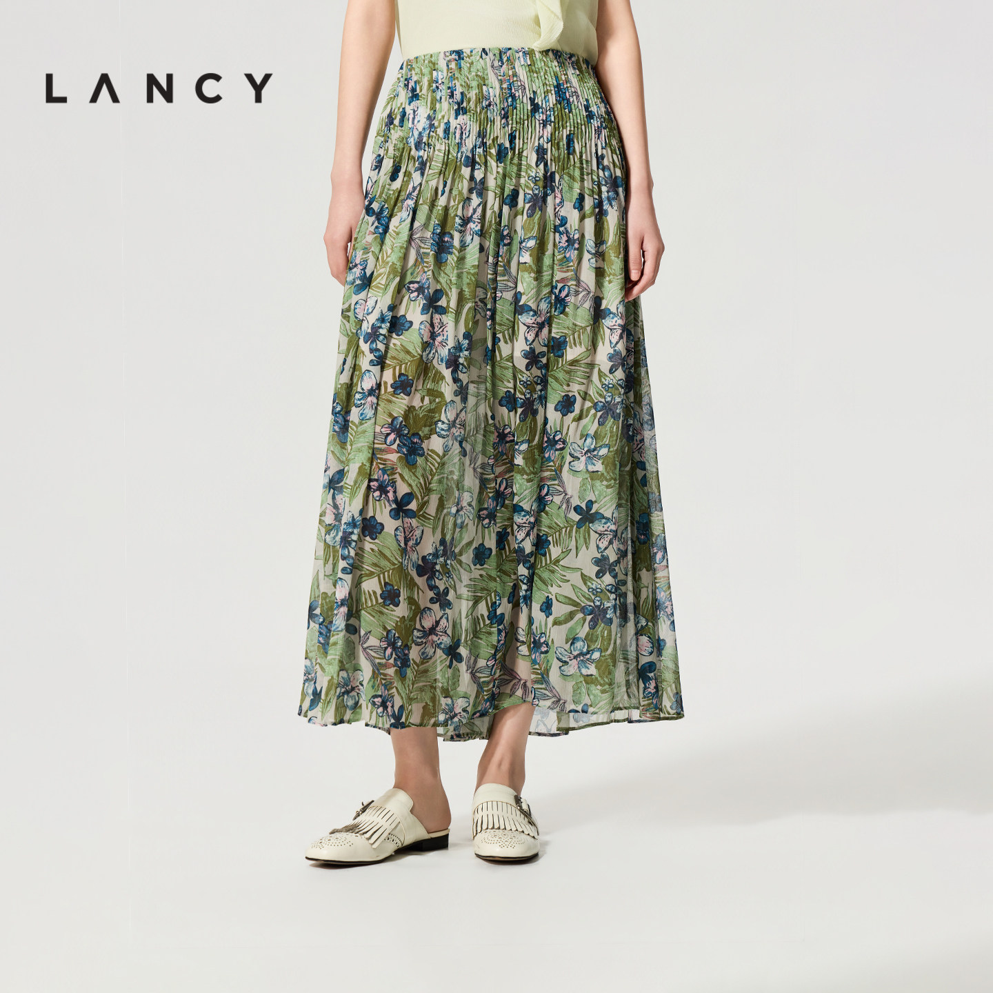 【秀场同款丨真丝】LANCY/朗姿26夏新款度假法式印花百褶半身裙女