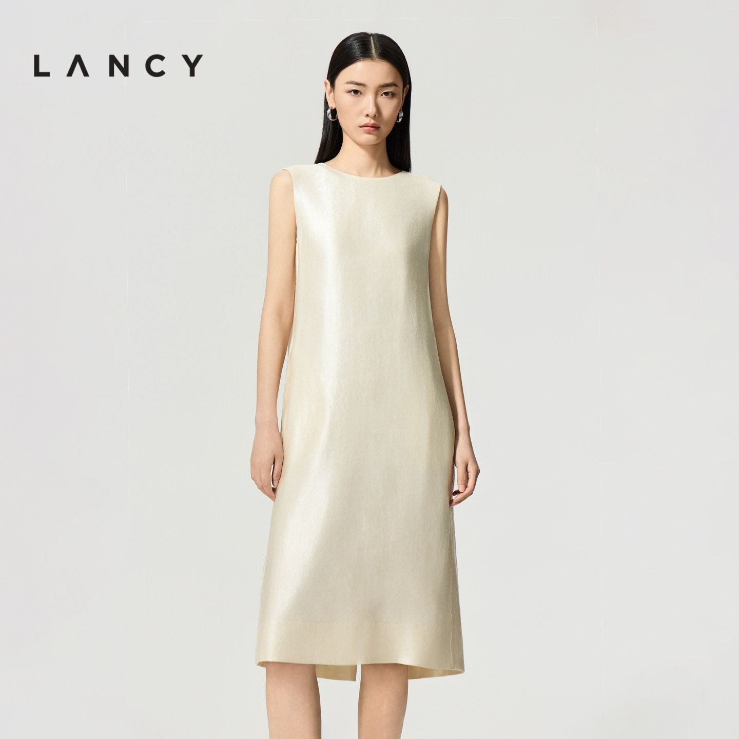 【秀场同款丨蚕丝亚麻】LANCY/朗姿2026夏新款圆领直筒无袖连衣裙图片