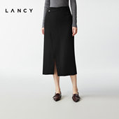 气质羊毛直筒开叉西装 LANCY 朗姿2025冬新款 裙黑色通勤直筒半身裙
