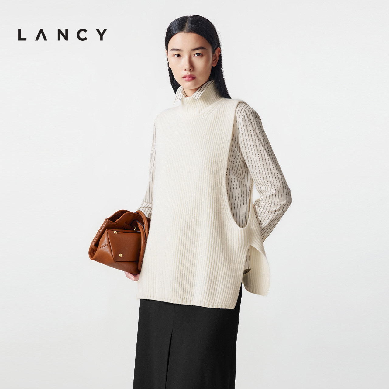 【100%羊毛】LANCY/朗姿2025冬新款气质百搭高领简约针织马甲女秋
