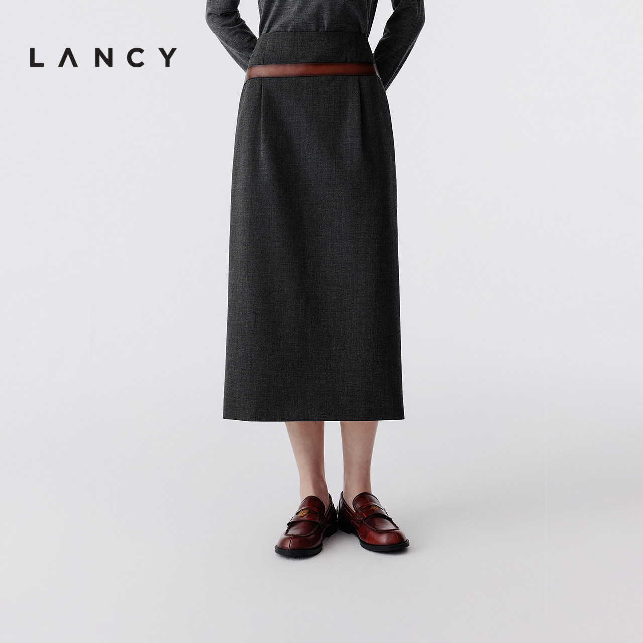 【纯羊毛】LANCY/朗姿2025冬新款气质通勤直筒裙设计感腰带半身裙