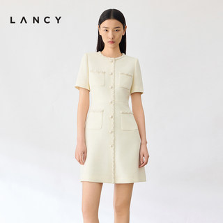 LANCY/朗姿2024夏季新款短袖圆领气质短款裙子收腰小香风连衣裙女